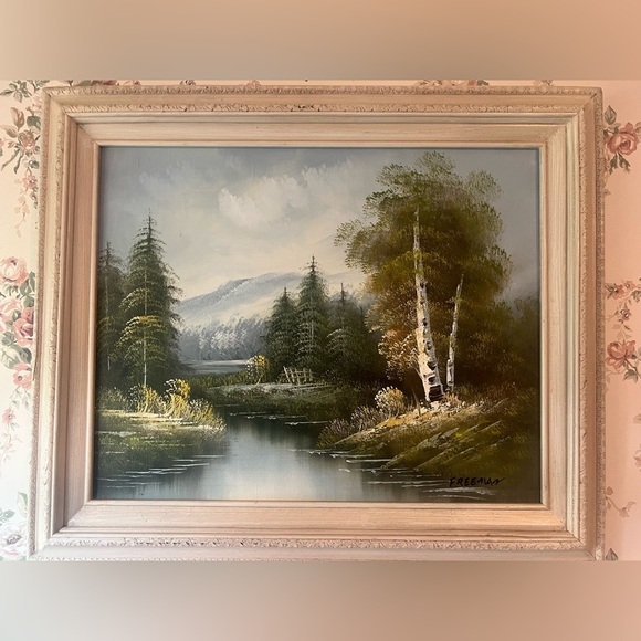 Mid 20th Century Freeman Landscape Water mountain impressionist Oil Painting